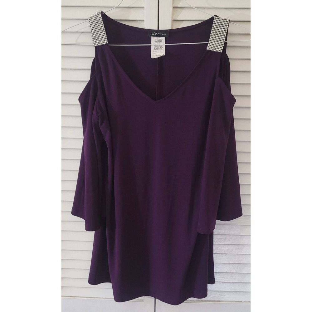 J Levine Purple Cold Shoulder Tunic Top Rhinestone Strap V Neck Blouse Knit Med